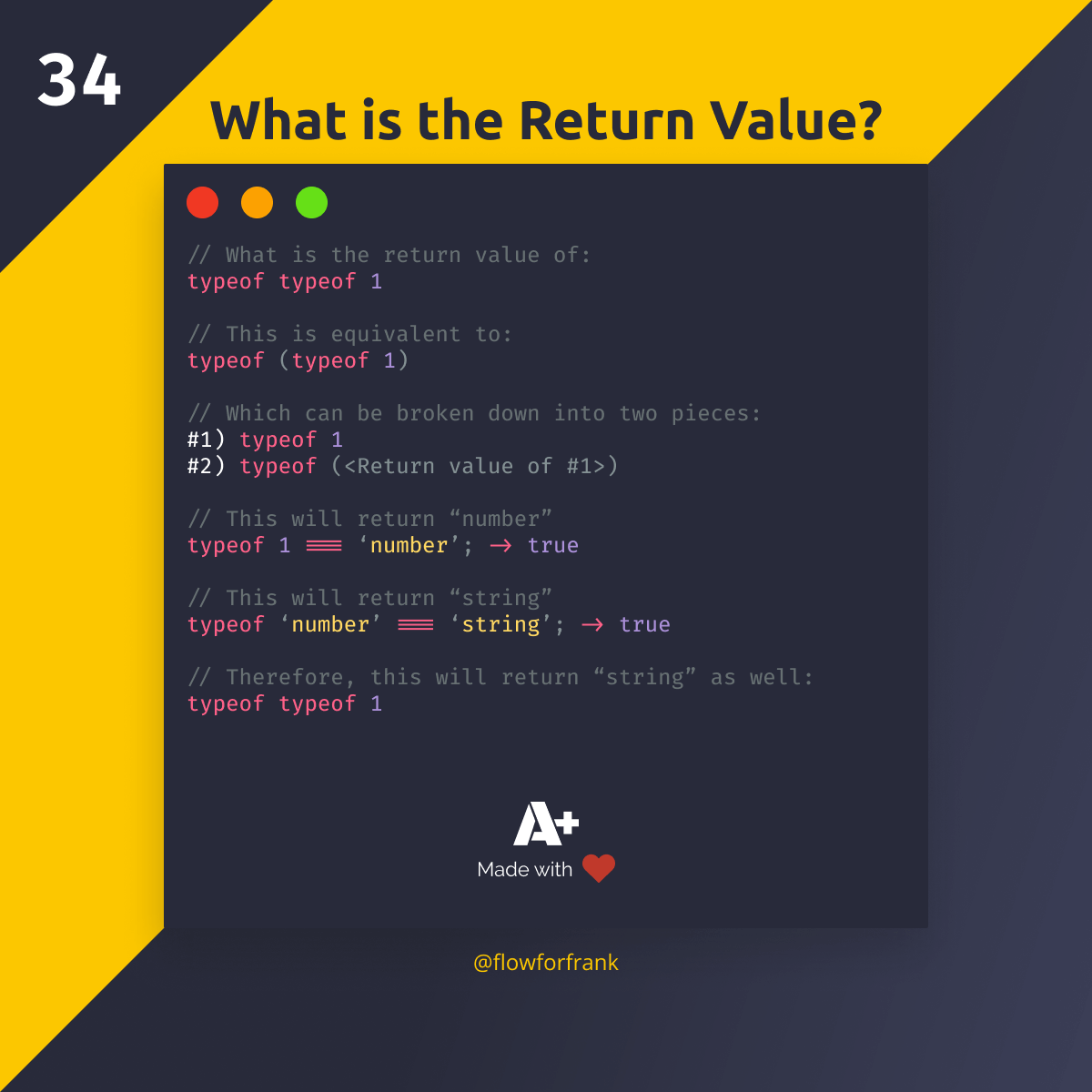 What is the return value of typeof typeof 1 in JavaScript?