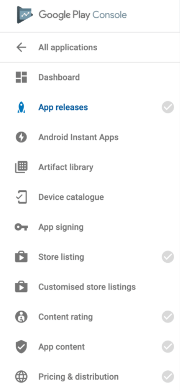 The sidebar of Google Play Console