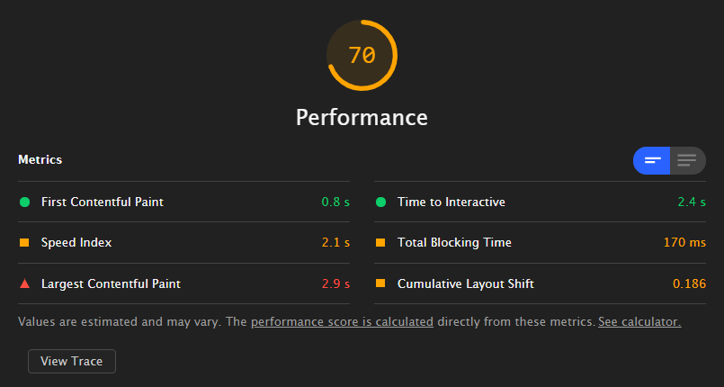 Lighthouse report generated for core web vitals