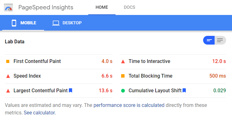 The generated report from Google PageSpeed Insight tool