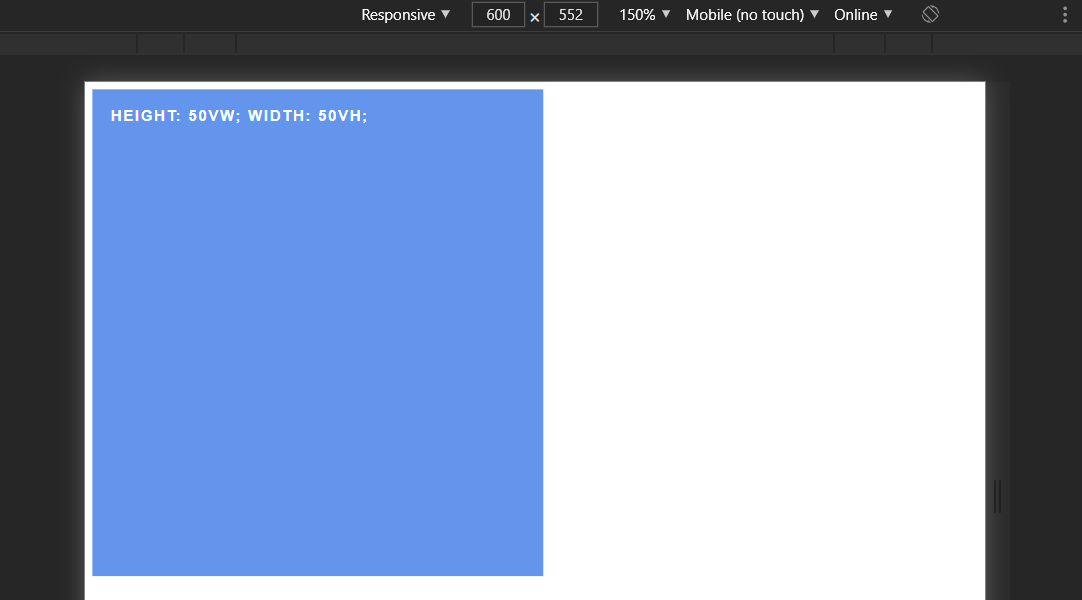 Viewport width set to 50vh and viewport height set to 50vw