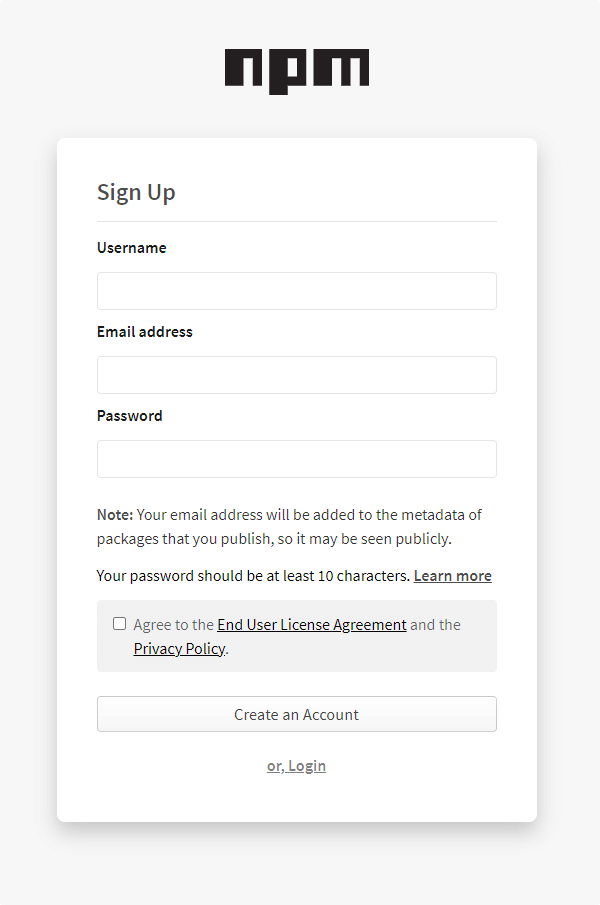 Sign up form on npmjs