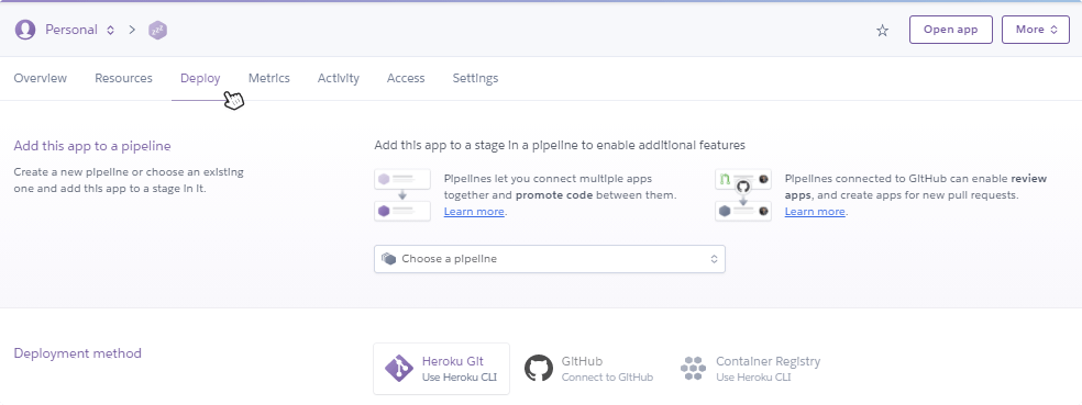 The deploy tab on Heroku