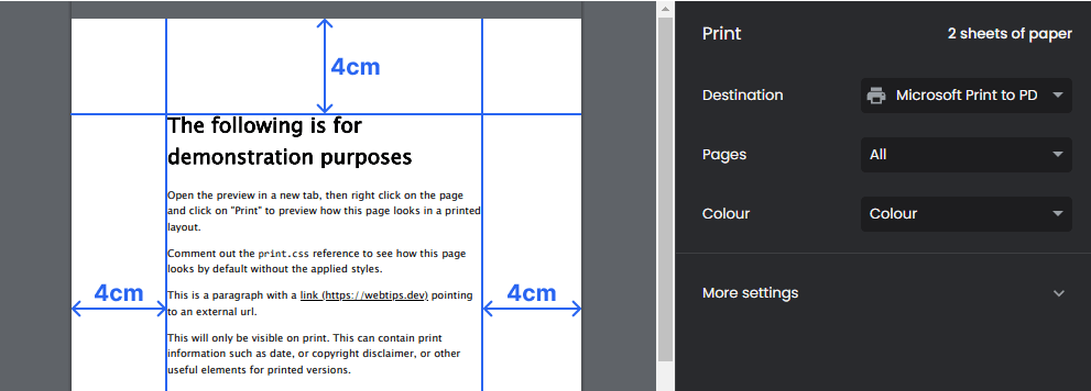 margins set on print with CSS